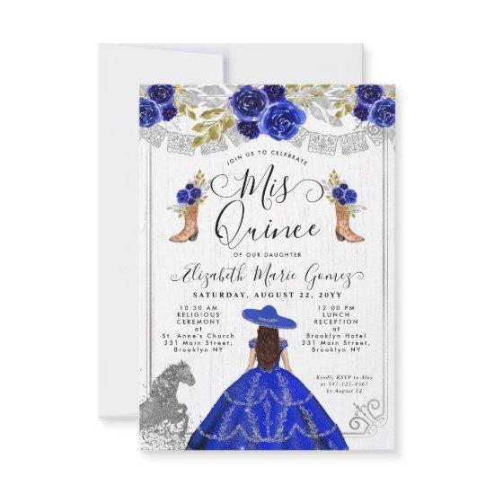 Budget Floral Royal Blue Silver Charra Quinceanera Note Card