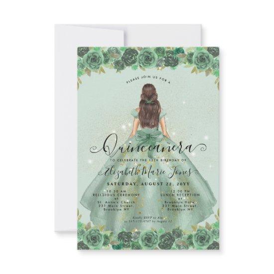 Budget Floral Sage Green Gold Princess Quinceanera Note Card