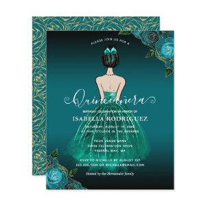 Budget Floral Teal Princess Gold Quinceañera
