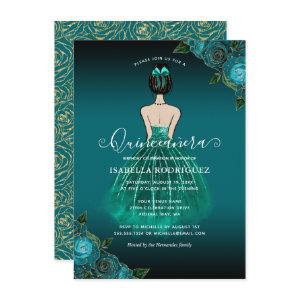 Budget Floral Teal Princess Gold Quinceañera Note Card