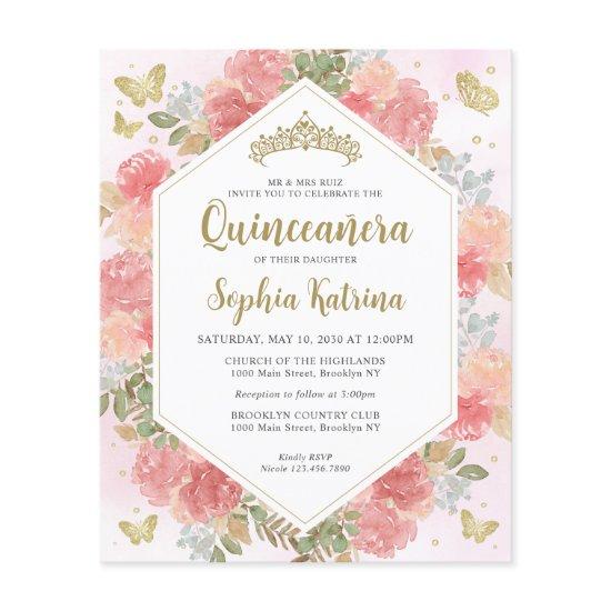Budget Girly Blush Pink Floral Gold Quinceañera