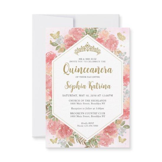 Budget Girly Blush Pink Floral Gold Quinceañera Note Card