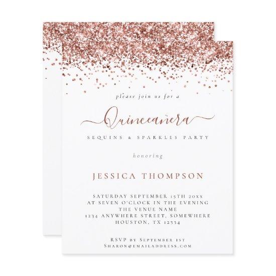 Budget Girly Rose Gold Glitter Quinceañera Invite