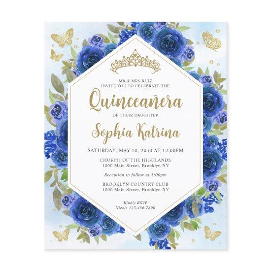 Budget Girly Royal Blue Floral Gold Quinceañera