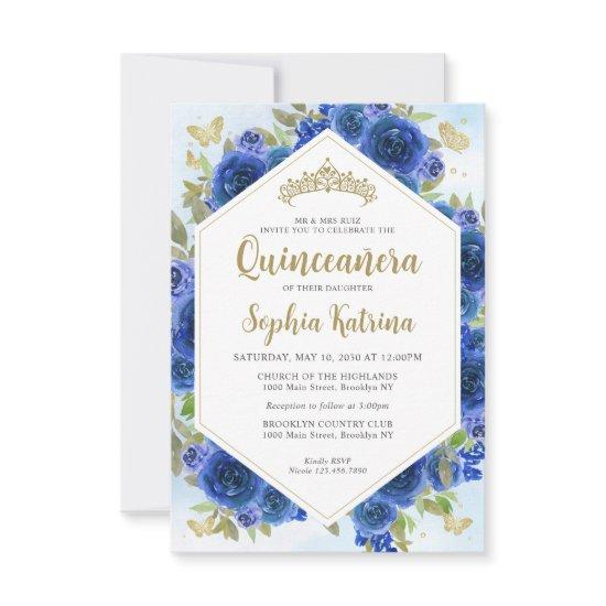 Budget Girly Royal Blue Floral Gold Quinceañera Note Card
