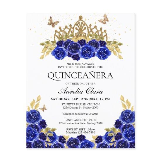 Budget Glam Blue Floral Gold Tiara Quinceanera