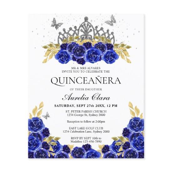 Budget Glam Blue Floral Silver Tiara Quinceanera