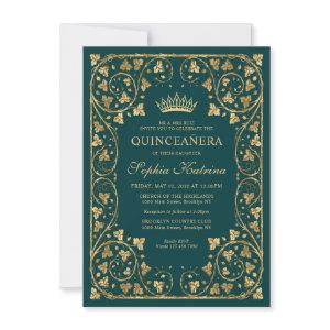 Budget Glam Emerald Green Gold Tiara Quinceanera Note Card