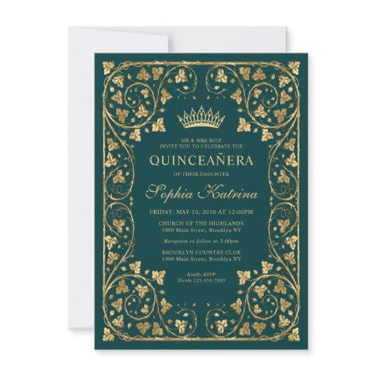 Budget Glam Emerald Green Gold Tiara Quinceanera Note Card
