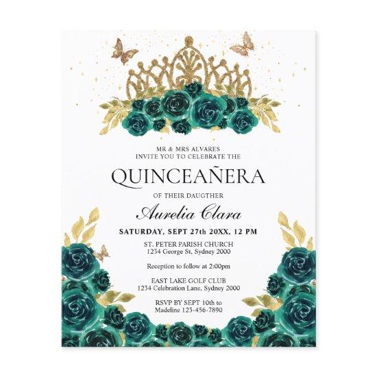 BUDGET Glam Green Floral Gold Tiara Quinceanera