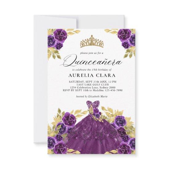 BUDGET Glam Purple Dress Floral 15th Quinceañera Note Card