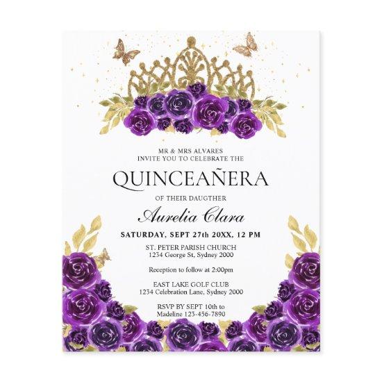BUDGET Glam Purple Floral Gold Tiara Quinceanera