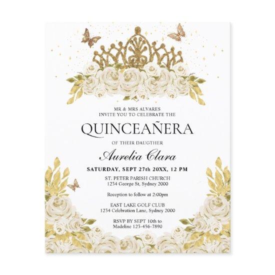 Budget Glam White Floral Gold Tiara Quinceanera