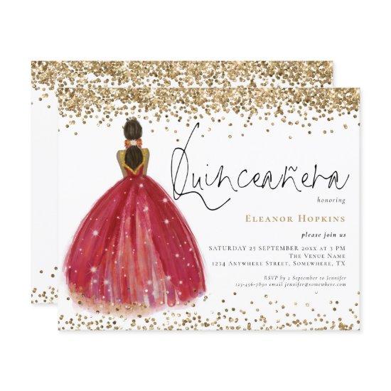 Budget Glitter Burgundy Dress Quinceanera Invite