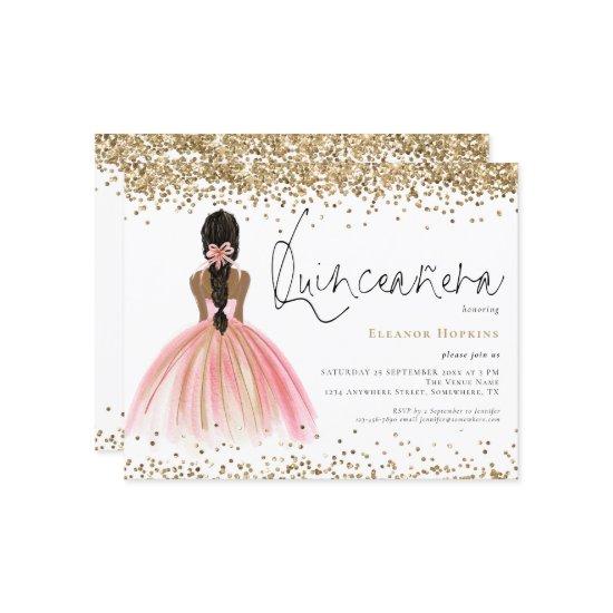 Budget Glitter Dark Hair Pink Gown Quinceanera