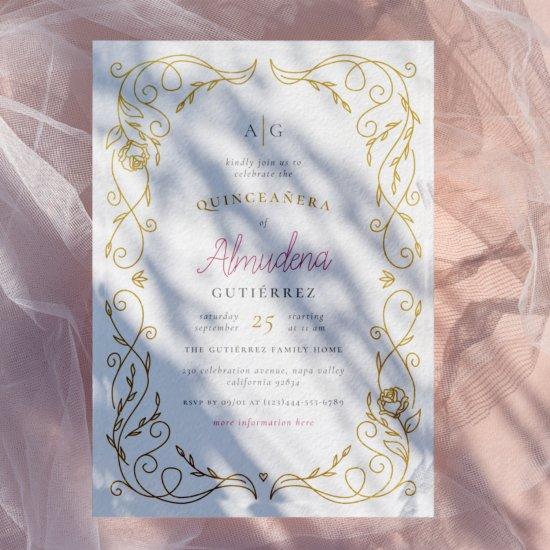 Budget Gold Floral Frame Elegant Quinceañera Photo