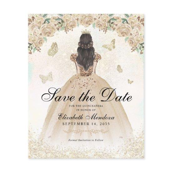 Budget Gold Floral Princess Quinceañera Save Date