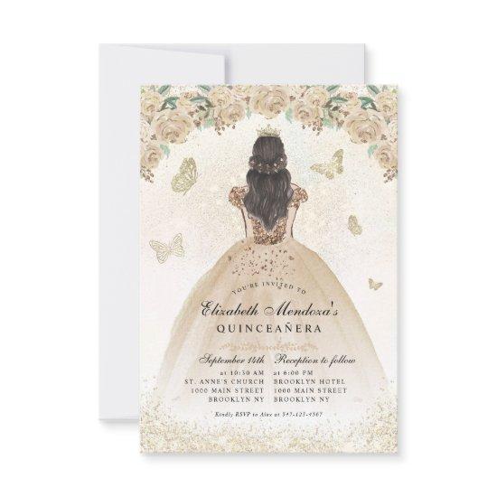 Budget Gold Glitter Floral Princess Quinceañera Note Card