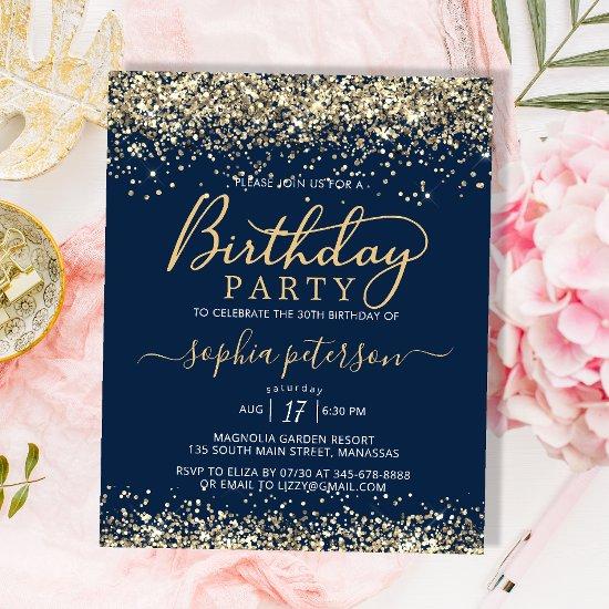 Budget Gold Glitter Navy Blue Birthday
