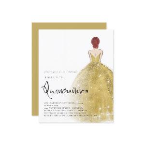 Budget Gold Gown Girl Auburn Hair QR Quinceañera