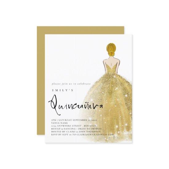 Budget Gold Gown Girl Blonde Hair QR Quinceañera