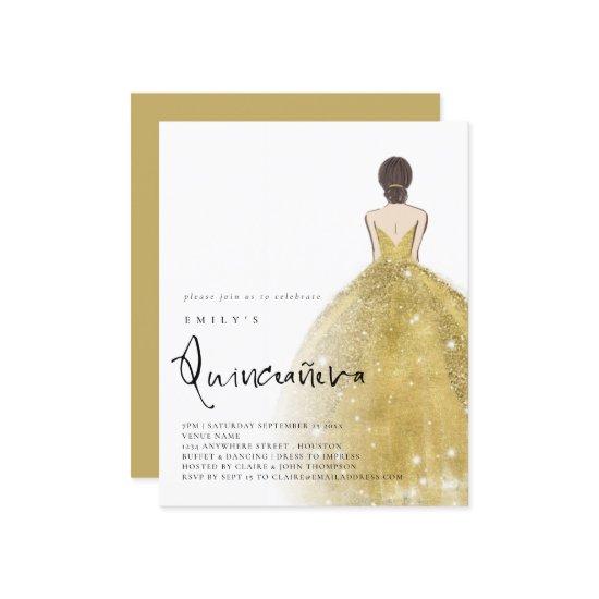 Budget Gold Gown Girl Brunette Hair QR Quinceañera