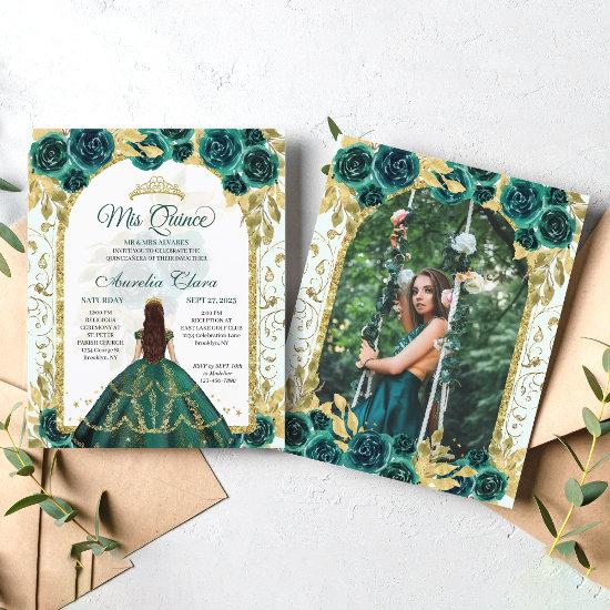 Budget Green Floral Princess Photo Quinceanera