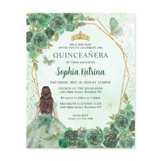 Budget Green Gold Chic Floral Princess Quinceañera