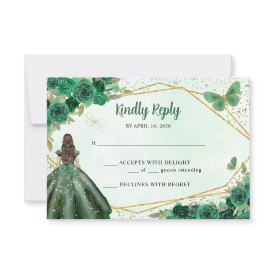 Budget Green Gold Floral Princess QR Code RSVP Note Card