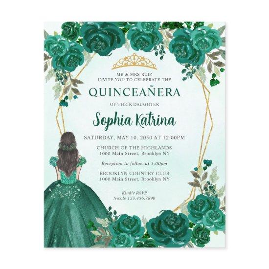 Budget Green Gold Floral Princess Quinceañera