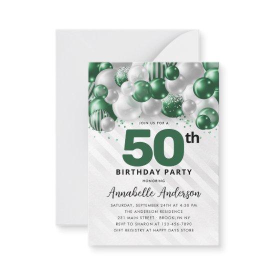 Budget Green Silver Balloon Glitter 50th Birthday Note Card