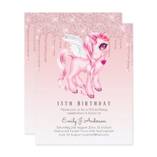 BUDGET Kids Birthday Invite Pink Unicorn