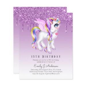 BUDGET Kids Birthday Invite Purple Unicorn