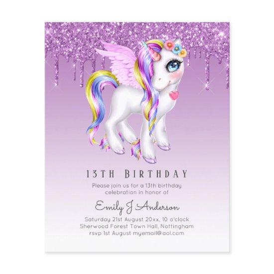 BUDGET Kids Birthday Invite Purple Unicorn Flyer