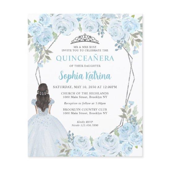 Budget Light Blue Gray Floral Princess Quinceañera