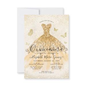 Budget Light Yellow Gold Glitter Gown Quinceanera Note Card
