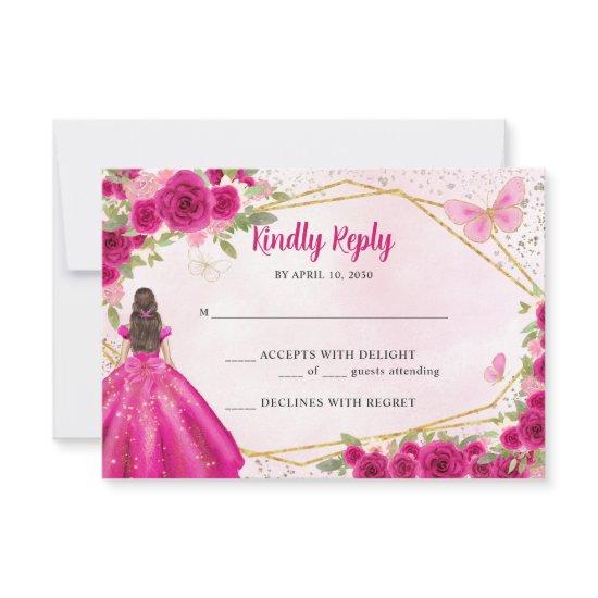 Budget Magenta Hot Pink Gold Floral Princess RSVP Note Card