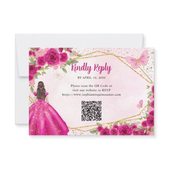 Budget Magenta Pink Gold Floral Princess QR RSVP Note Card