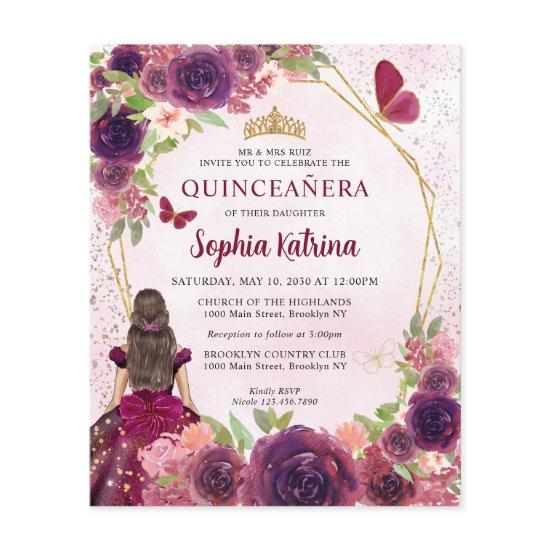 Budget Maroon Red Gold Floral Princess Quinceañera