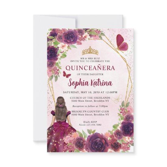 Budget Maroon Red Gold Floral Princess Quinceañera Note Card