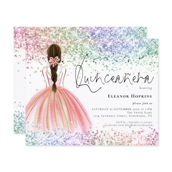 Budget Multicolor Glitter Gown Quinceanera Invite