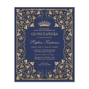 Budget Navy Blue Floral Gold Tiara Quinceanera