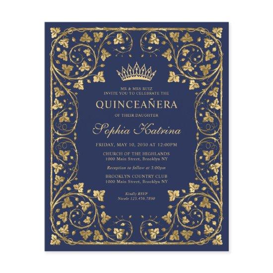 Budget Navy Blue Floral Gold Tiara Quinceanera
