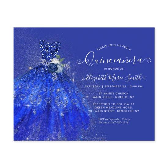 Budget Navy Blue Floral Silver Glitter Quinceanera