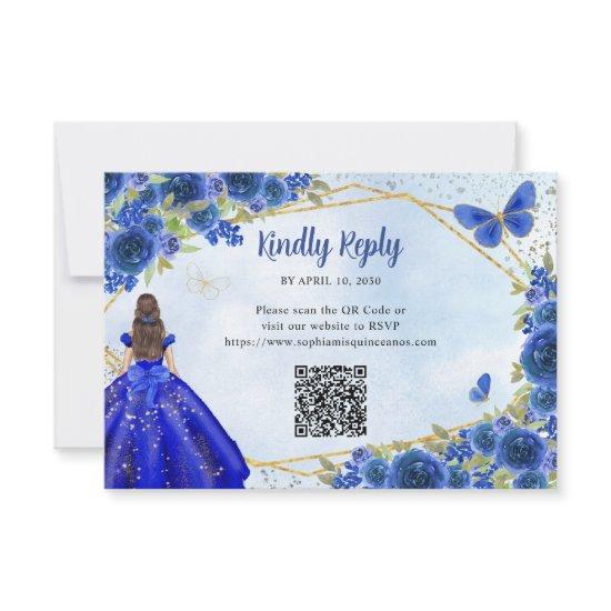 Budget Navy Blue Gold Floral Princess QR RSVP Note Card
