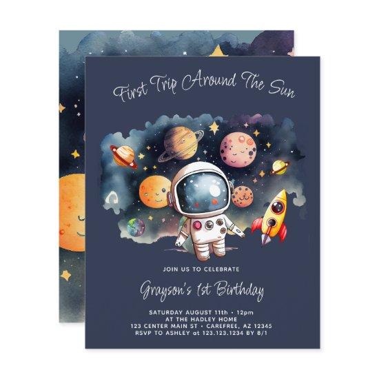 Budget Outerspace Planets Blue 1st Birthday Invite