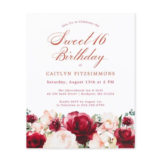 Budget Pink Red Floral Sweet 16 Invite