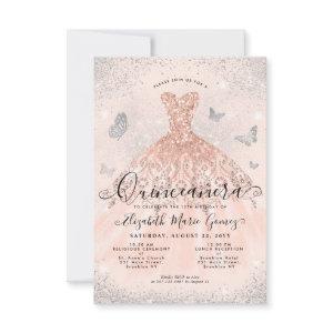 Budget Pink Rose Gold Glitter Gown Quinceanera Note Card