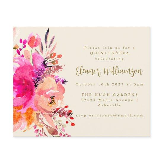 Budget Pink Watercolor Floral QUINCEAÑERA Invite