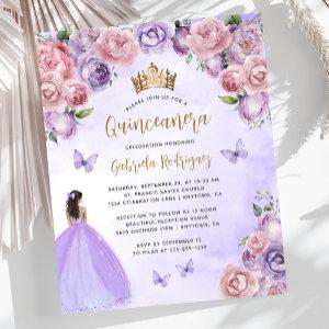 Budget Purple Blush Gold Floral Quinceañera Invite